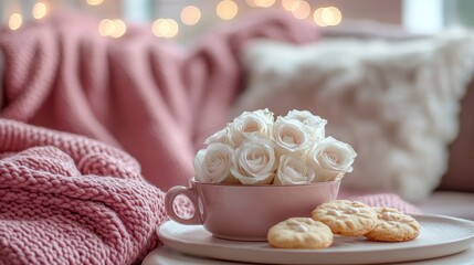 Aufkleber - Delicate white roses sit gracefully in a pink cup, paired with delicious cookies on a round tray. A soft knitted blanket adds warmth, creating an inviting and cozy ambiance for relaxation