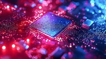 Poster - Circuit board featuring intricate connections and patterns set against a red and blue background for tech aesthetic
