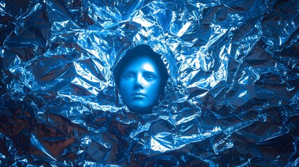 Poster - Striking blue face emerging from a pile of shiny tin objects creating a unique and thought-provoking visual experience
