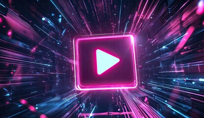 Poster - neon play button in futuristic digital tunnel (1)