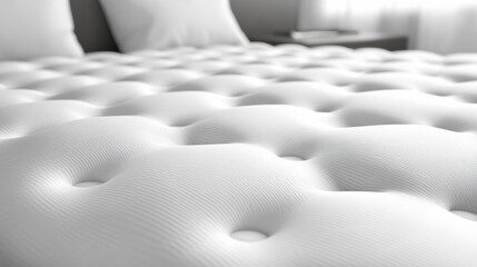 Poster - Soft, plush surface of a beautifully tufted mattress beckons rest and rejuvenation. Light filters softly through nearby windows, enhancing the tranquil atmosphere perfect for a peaceful sleep