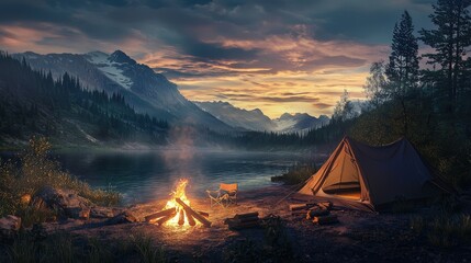 tourist camp with fire, tent and firewood landscape nature