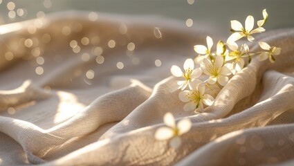 Poster - Delicate white flowers on soft fabric with gentle light creating a serene atmosphere in a peaceful setting