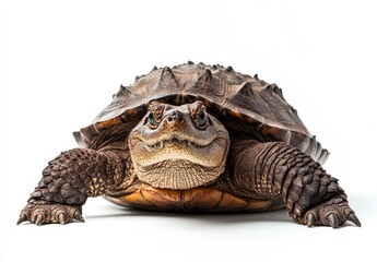 Poster - Close-Up of a Feature-Rich Turtle with Detailed Texture and Expression Against a Clean White Background for Nature and Wildlife Photography