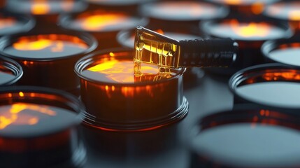 Poster - Close up of a single candle surrounded by multiple candles in a dimly lit setting