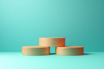 Poster - A stunning arrangement of three wooden display platforms set against a vibrant turquoise background, perfect for showcasing products or minimalist designs.