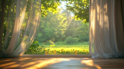Aufkleber - Soft sunlight streams through delicate curtains, casting gentle shadows across a wooden floor. A lush garden awash with colorful blooms beckons from outside, inviting peace and tranquility