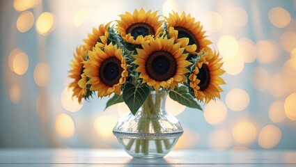 Poster - bright sunflowers in a clear vase with soft background lights create a cheerful atmosphere in a cozy