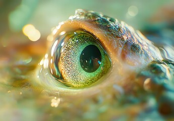 Poster - Close-Up of a Frog's Eye Capturing Nature's Intricacies with a Stunning Green Iris and Reflections in the Water, Showcasing Unique Textures and Colors