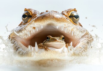 Poster - Close-up of a Large Frog with an Amazing Expression Holding a Smaller Frog Between Its Teeth in a Splashing Water Background