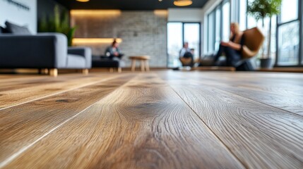 Poster - The spacious lounge features elegant wooden flooring and large windows inviting natural light, while people relax and engage in conversation, creating a cozy atmosphere