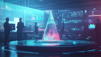 Poster - Futuristic data analysis, holographic pyramid, business team