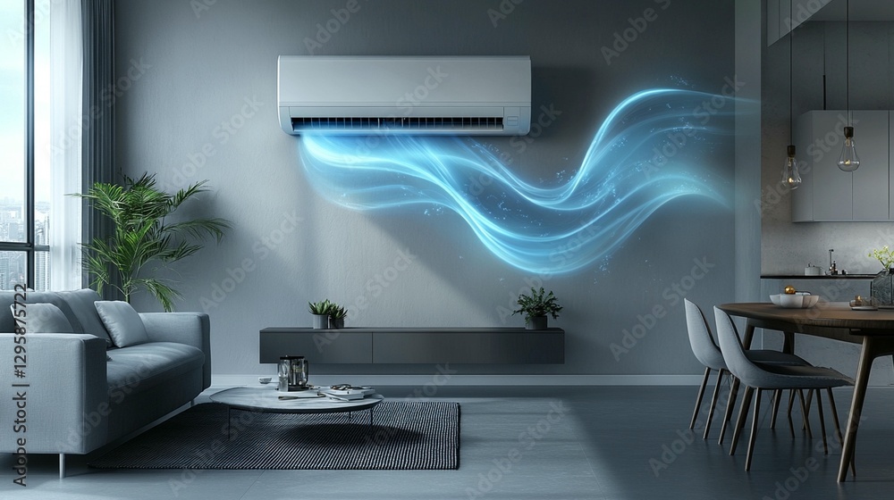 Modern air conditioner in a stylish living room, blowing cool air. (1 ...