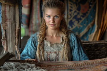 Poster - Young woman weaves fabric in a rustic workshop adorned with colorful textiles in a tranquil countryside setting