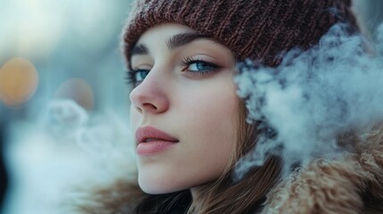 Poster - A young woman with striking blue eyes stands outdoors, her breath creating vapor in the frosty air. The soft glow of lights in the background adds a magical touch, embodying winter's beauty