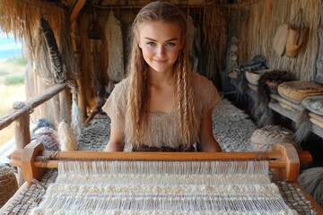 Aufkleber - Young woman weaving at a traditional loom in a rustic workshop surrounded by natural materials