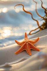 Poster - colorful starfish rests on the sandy beach at sunset near gentle ocean waves