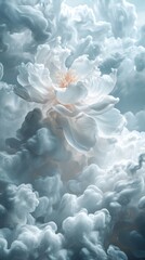 Poster - A stunning flower, with delicate petals, rises gracefully from a bed of fluffy clouds under a serene twilight sky, creating a peaceful, dreamlike atmosphere