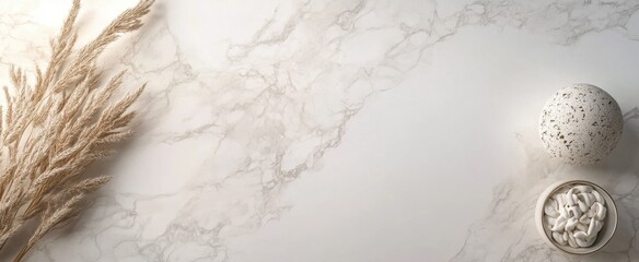 Poster - A serene composition featuring a marble surface with dried grass, a decorative sphere, and a ceramic dish, creating a calming and elegant aesthetic.