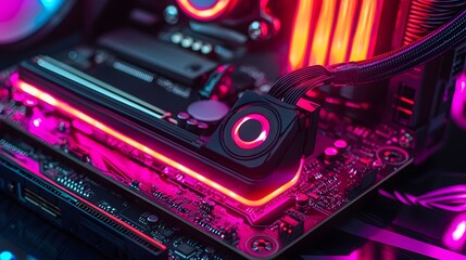 Poster - Detailed close-up of a computer motherboard with illuminating red light highlighting its complex circuitry