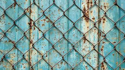 Poster - Rusty fence with visible rust patterns highlighting weathered metal and industrial charm in urban environment