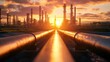 © Watcharaporn - Large oil refinery silhouette against vibrant sunset sky with industrial structures and smoke stacks