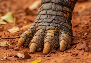 Poster - Close-Up of a Reptile Footprint in Red Soil, Showcasing Textured Scales and Sharp Claws with a Natural Background of Dried Leaves and Earth