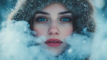 Poster - A young woman with striking blue eyes and a serene expression appears amidst swirling mist in a winter wonderland. Her fur-lined hood adds warmth to the chilly atmosphere surrounding her