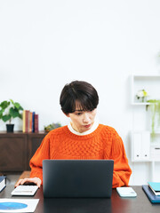 Leinwandbilder - 女性、ビジネス、ノートパソコン、仕事、オフィス、カジュアル、フリーランス、デザイナー、デザイン、web、インターネット、オンライン、資格、副業、リスキリング、勉強、学習、電卓、簿記、会計、計算、働く、コピースペース、ミドルエイジ、中年、30代、40代、リビングルーム、在宅、DX、IT、デジタル、データ、主婦、デスクワーク、おしゃれ、ファッション、SOHO、ノマド、ブログ、ライター、ブロガー、リモー