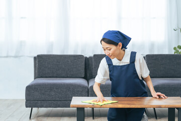 Aufkleber - 掃除、家事代行、ハウスキーパー、女性、清掃、ハウスキーピング、ハウスクリーニング、大掃除、エプロン、家事、テーブル、拭く、布巾、雑巾、拭き掃除、家具、インテリア、室内、清潔、除菌、三角巾、ミドルエイジ、30代、40代、日本人、主婦、家政婦、コピースペース、広告、求人、職場、現場、シーン、明るい、爽やか、ライフスタイル、仕事、部屋、住まい、住宅、暮らし、派遣、サービス、サポート、働く、アルバイト、代