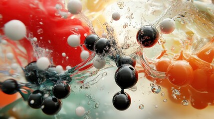 Poster - Colorful Water Splash with Bubbles and Abstract Molecular Structure Representing Chemistry and Fluid Dynamics