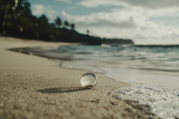 Poster - seashell rests on sandy beach with gentle waves and tropical backdrop