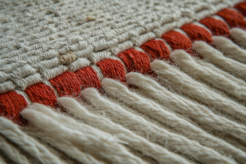 Poster - Close up of woven rug showcasing intricate texture and red accents