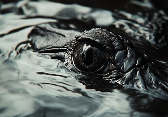 Poster - Close-Up of a Turtle's Eye Emerging from Dark Water with Rippling Reflections and Soft Light Casting Shadows on the Surface