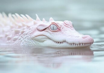 Poster - Close-Up of a Unique Albino Crocodile Gliding Through Calm Waters, Showcasing Its Distinctive Features Against a Soft, Blurred Background