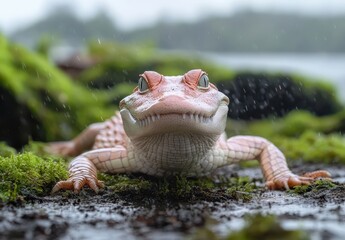 Poster - Close-Up of a Unique Albino Lizard on Moist Mossy Ground with Background Blurred by Light Rain in a Natural Environment