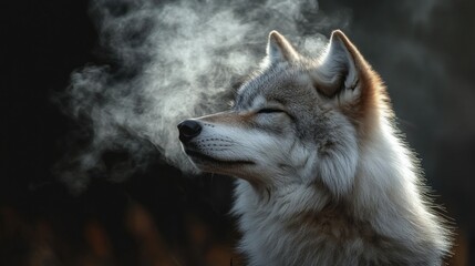 Poster - A stunning wolf stands still in a frosty environment, exhaling wisps of steam into the crisp air. Sunlight filters through trees, enhancing the tranquil atmosphere of this woodland moment