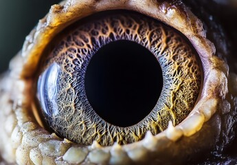 Poster - Close-up of a Unique Reptilian Eye Showcasing Intricate Patterns and Colors, Highlighting Nature's Fascinating Details and Wildlife Beauty