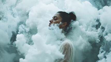 Aufkleber - A young woman stands enveloped in swirling clouds, her expression serene and contemplative. The mist creates an ethereal ambiance, emphasizing her tranquility and poise amidst the softness