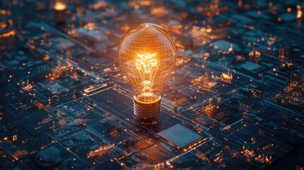 Fototapete - Glowing light bulb floating above a digital circuit board background with illuminated connections in a futuristic design