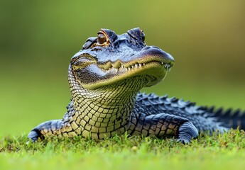 Poster - Close-up of a Young Alligator Relaxing on Green Grass in a Natural Habitat with a Soft Focus Background Capturing Its Intricate Scales and Expression