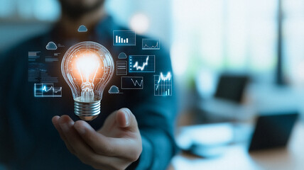 Poster - Bright Idea: Innovative Solution. A businessman holds a glowing lightbulb symbolizing a new idea or innovative solution, surrounded by data graphs and charts.