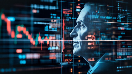 Poster - Financial Visionary: A close-up of a thoughtful individual contemplates a complex data landscape filled with dynamic charts and graphs, visualizing the fluctuations of the financial market.