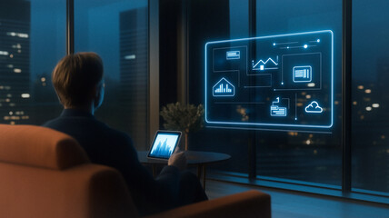 Poster - Tech Savvy Visionary: A business professional, immersed in the digital world, gazes out upon a cityscape from the comfort of his modern apartment.