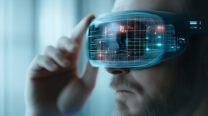 Poster - Man Exploring Virtual Reality: A close-up shot of a man wearing futuristic augmented reality glasses.