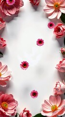 Poster - A white background with pink flowers in the center. The flowers are arranged in a circle