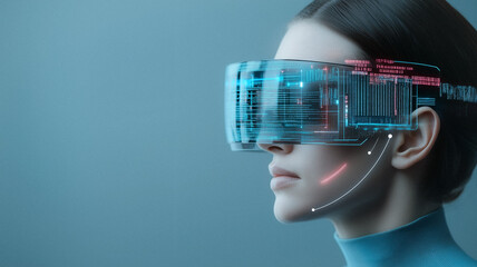 Poster - Virtual Reality Immersion: A woman wearing a futuristic virtual reality headset experiences immersive digital environments. The translucent display reveals intricate digital information.