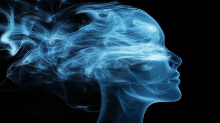 Poster - Soft blue wisps form an intriguing outline of a woman's profile, capturing a surreal essence of imagination and introspection. This artwork evokes a sense of mystery and wonder