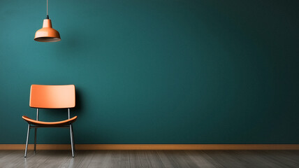 Poster - Modern Interior: A stylish orange chair sits elegantly beneath a matching pendant lamp, set against a minimalist teal wall and natural wooden floor, creating a calm and inviting modern space.