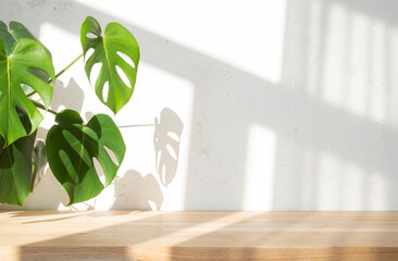 Wall Mural - wooden table and tropical plant with soft sunlight shadows on blurred abstract texture white wall ba
